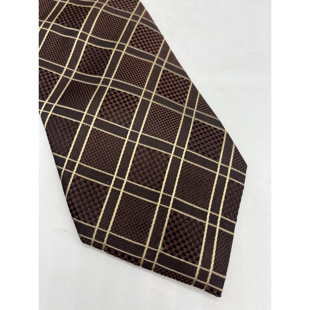 Countess Mara Tie Vintage Brown Windowpane Plaid Check Textured 100% Silk Y2K